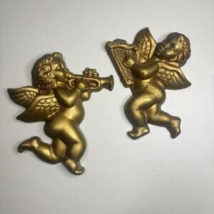 Vintage 2 Cherub Angel Christmas Wall Decoration Gold MCM Hollywood Regency